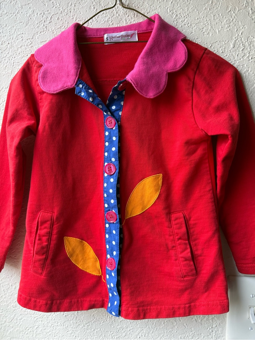 Red Girls Button-Up Jacket with Pink Collar and Yellow Appliqué